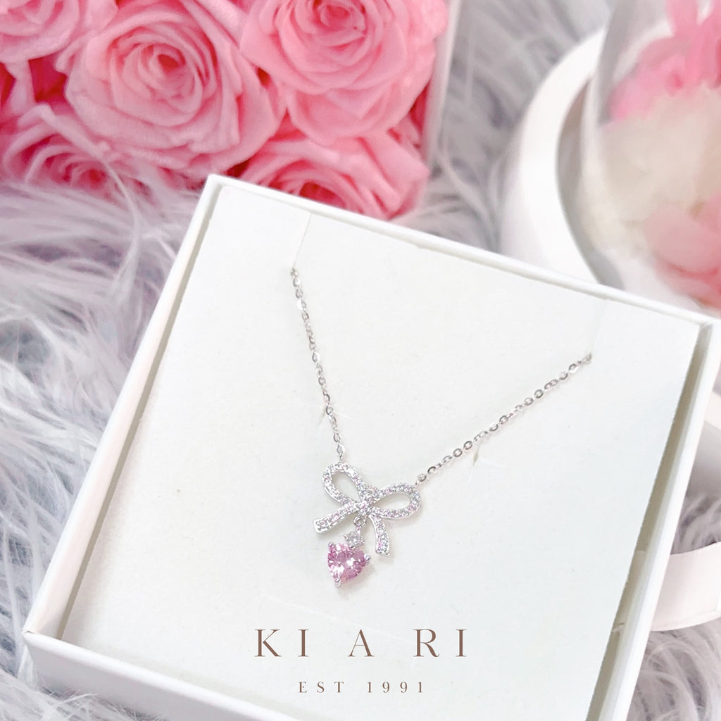 Dan-Bi Ribbon Dangling Heart Necklace (Silver) 💗