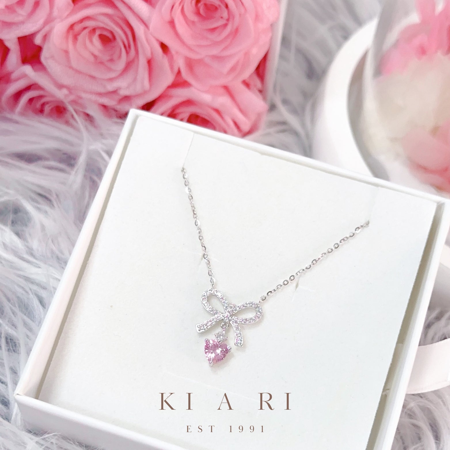 Dan-Bi Ribbon Dangling Heart Necklace (Silver) 💗
