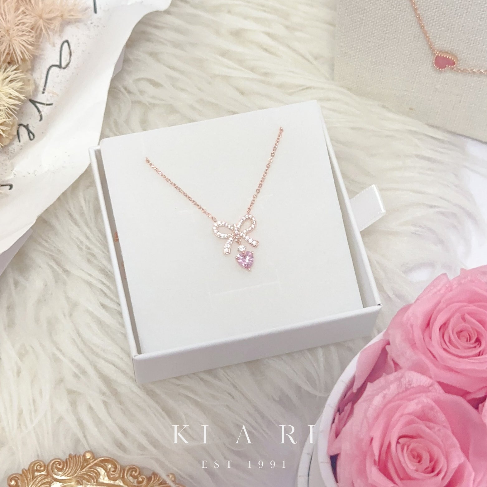 Dan-Bi Ribbon Dangling Heart Necklace (Rose Gold) 💗