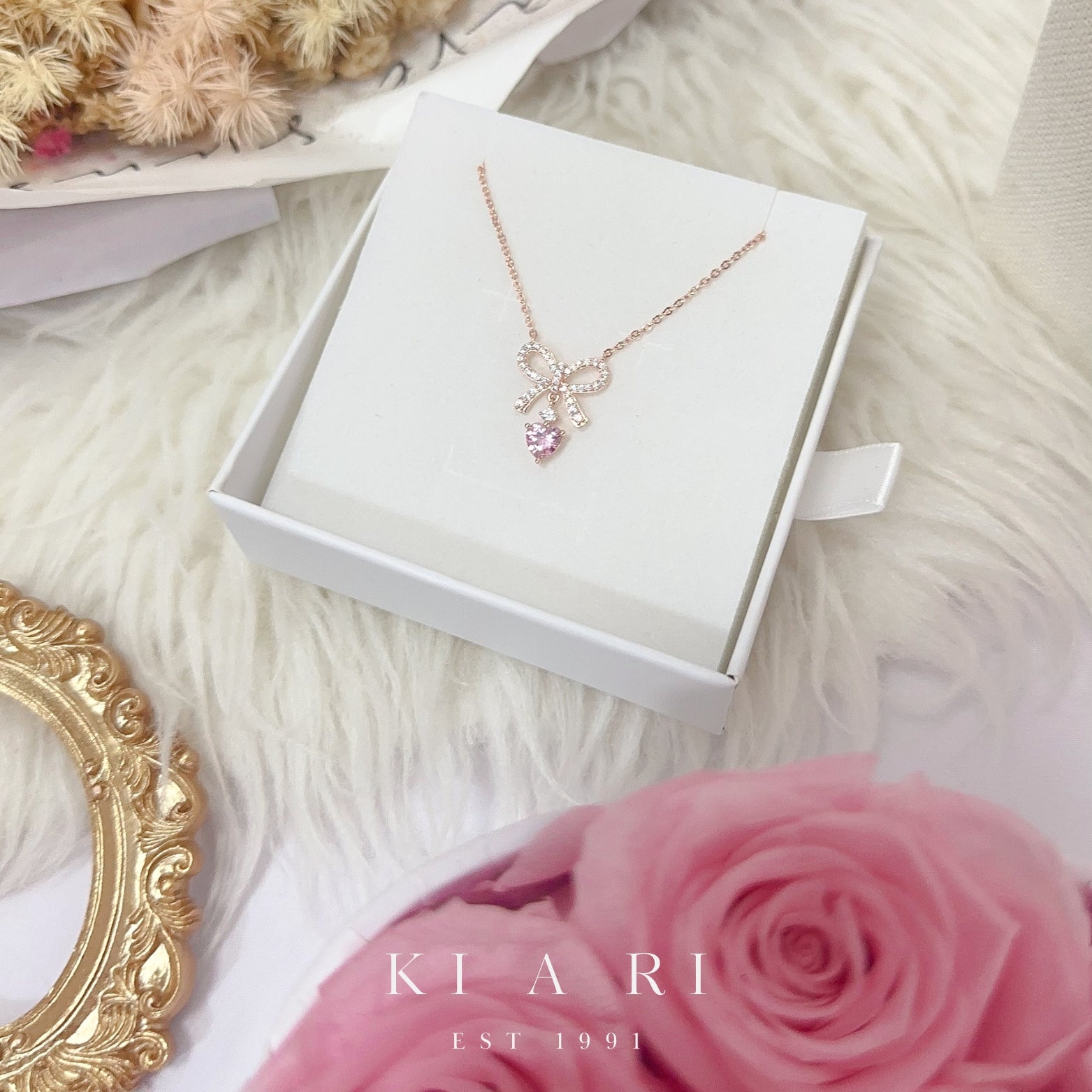Dan-Bi Ribbon Dangling Heart Necklace (Rose Gold) 💗