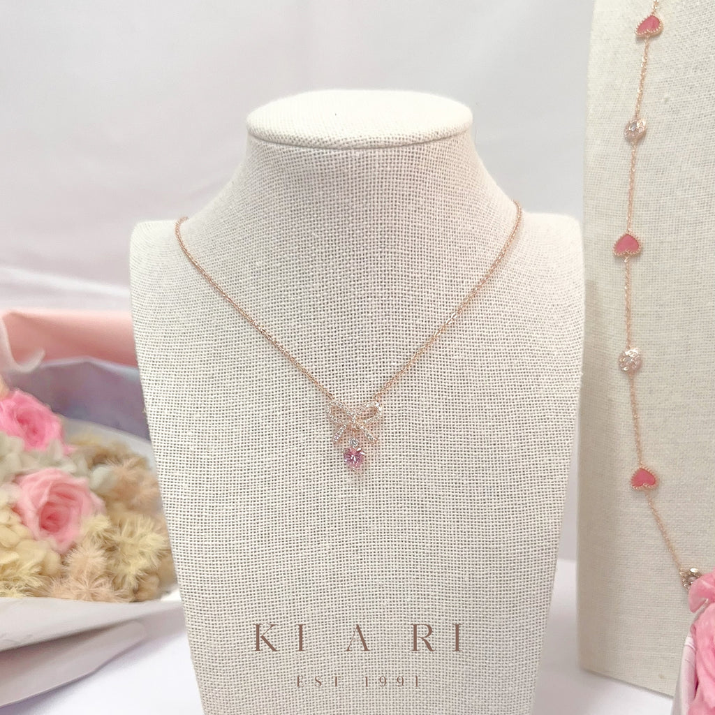 Dan-Bi Ribbon Dangling Heart Necklace (Rose Gold) 💗