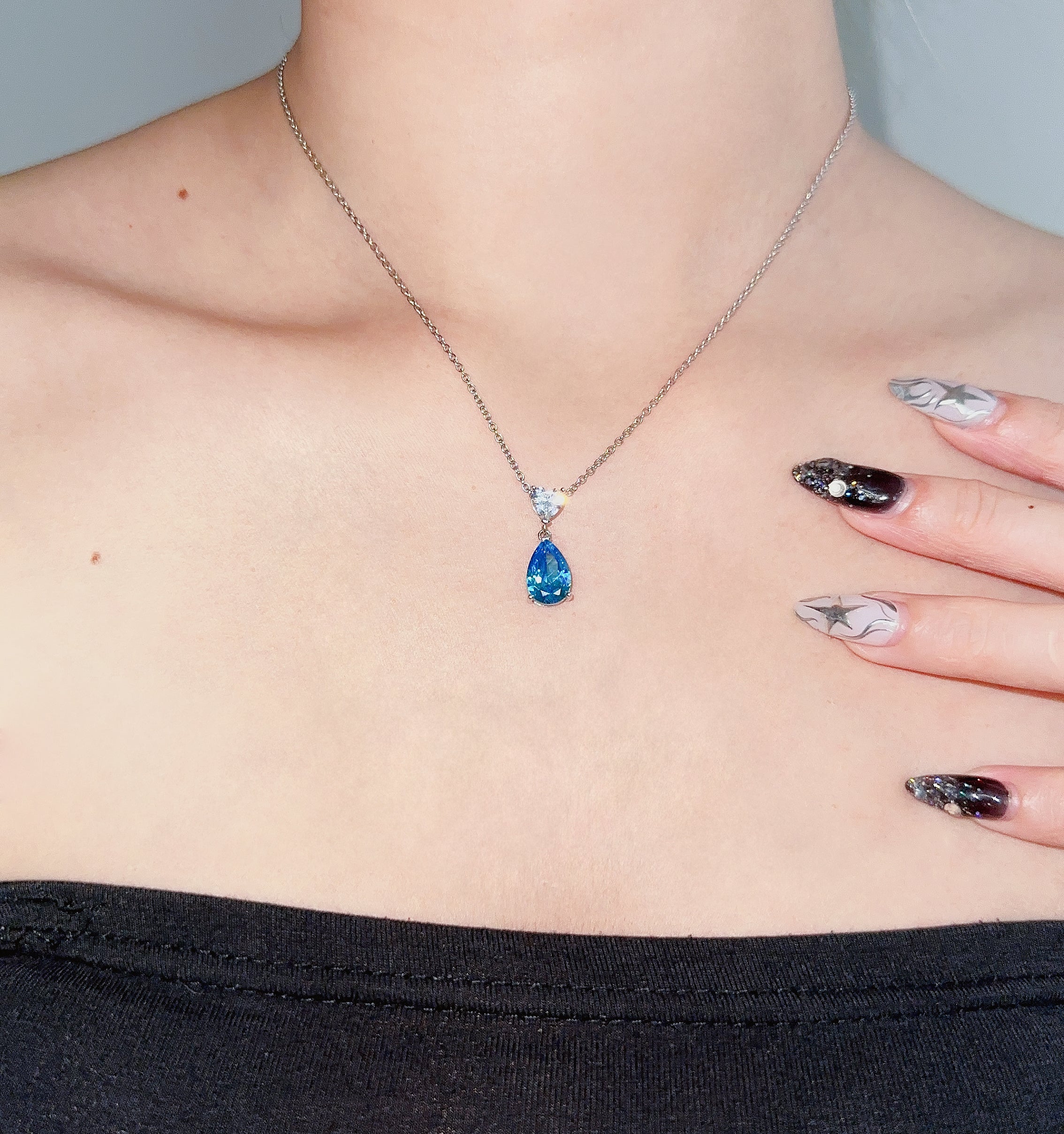 Chin-Hwa Heart Diamond Aquamarine Teardrop Necklace 💎