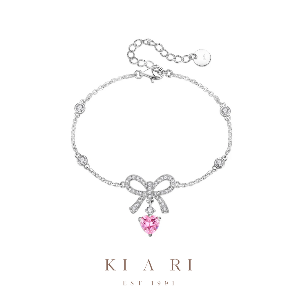 Dan-Bi Ribbon Dangling Heart Bracelet (Silver) 💗