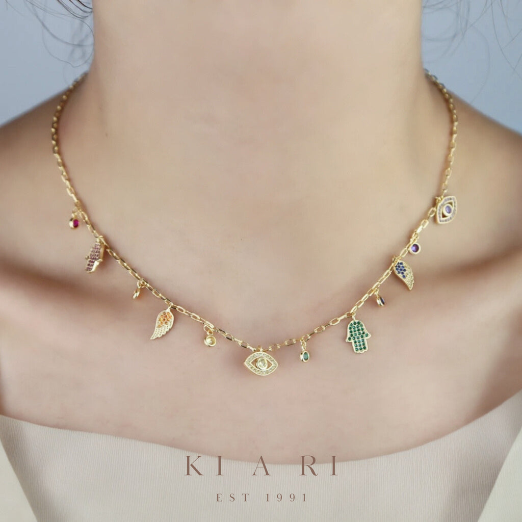 Sarah Hamsa Evil Eye Hoop Necklace (Gold)