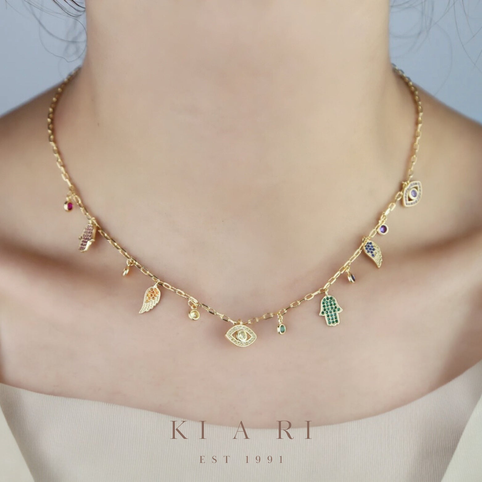 Sarah Hamsa Evil Eye Hoop Necklace (Gold)