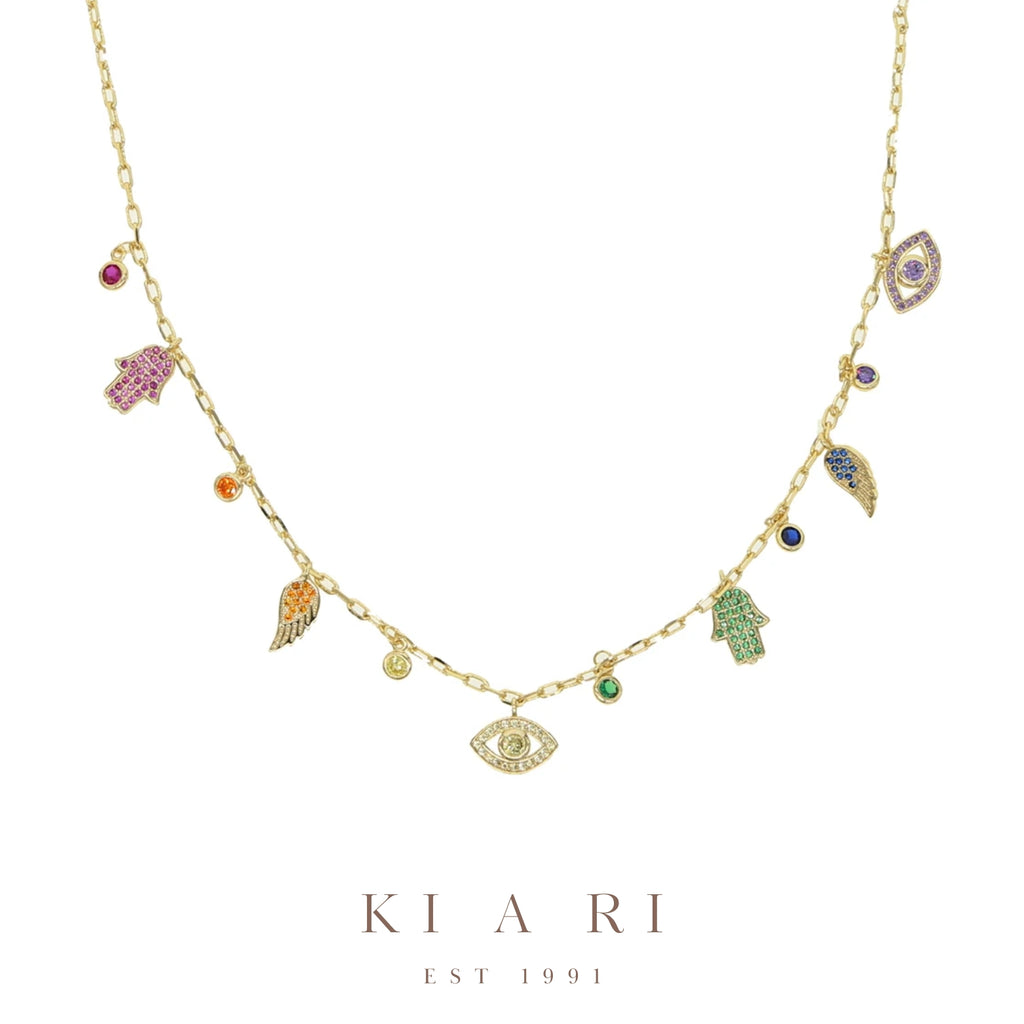Sarah Hamsa Evil Eye Hoop Necklace (Gold)