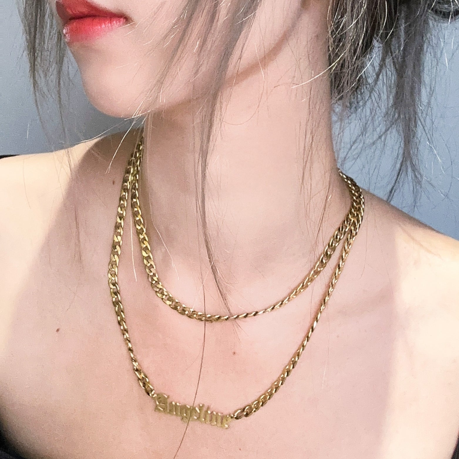 Celia Personalised Chunky Double Layered Chain Necklace (Gold)